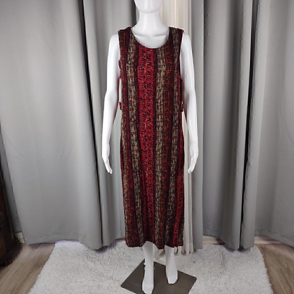 Sag Harbor Red Abstract Print Sleeveless Midi Dress Rayon Boho Women’s Large